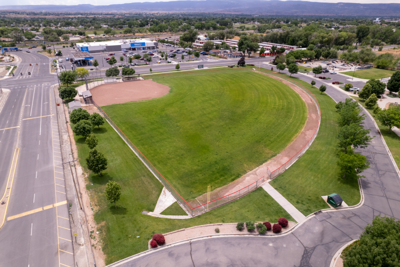 Aerial view of the baseball field and surrounding roads 