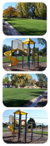 Photograph collage with playground equipment and green lawn