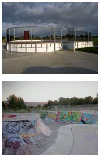 Two images, the tope one of an outdoor roller hockey rink and the bottom one showing the graffiti on a side ramp