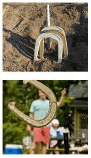 Two photos, the top one show several horsehoes leaning against the post and the bottom image of a person throwing one horseshoe.