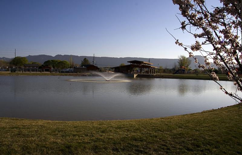 lake with a single wide-spray fountain in front of the gazebo