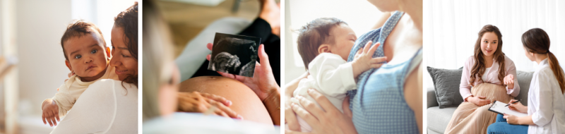 Four images showing pregnant mother to new infant