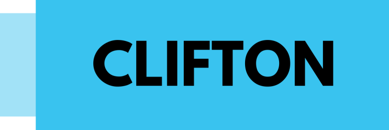 Clifton in black lettering with a light blue background
