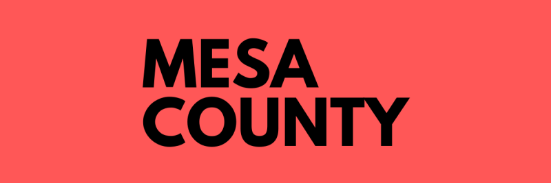 Mesa County in black print over red background