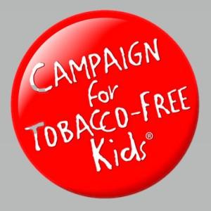 campaign for tobacco free kids button in white lettering with a red background