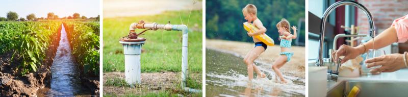 4 images of water use from irrigation canal and pipes, children playing, and facet in the kitchen
