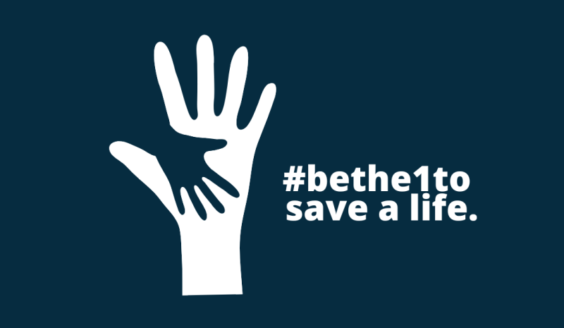 white hand outline on dark blue background with another hand reaching out, #tag says be the 1 to save a life