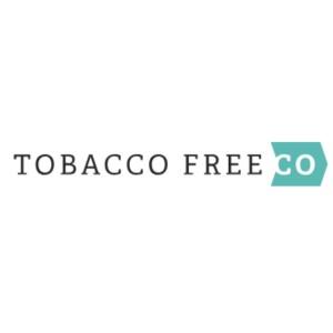 tobacco free CO lettering and white background logo with CO having a teal background