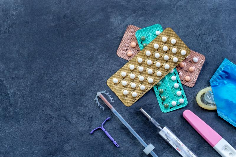 Birth control options including pill packs, IUD, shot, and condoms. 