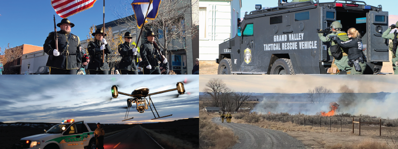 Upper Left: Honor Guard presents the colors during the Veteran's Day Parade in downtown Grand Junction. Upper Right: Two SWAT team members stand behind the BearCat with weapons drawn during an exercise. Lower Left: An unmanned drone flies above an MCSO vehicle. Lower Right: The wildland fire team responds to a grass fire.