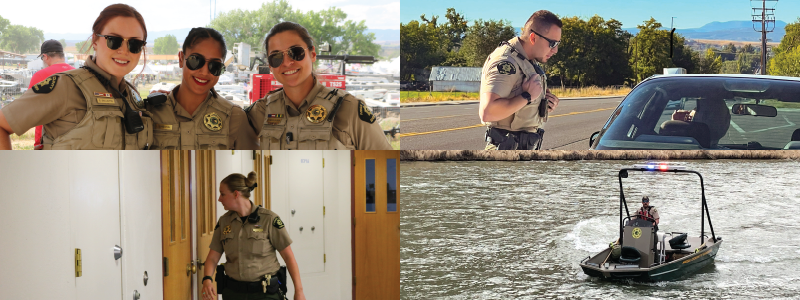 Upper Left: Three female deputies stand together during Country Jam. Upper Right: A male deputy stands at a car window during a traffic stop. Lower Left: A female deputy checks the door of a jail cell. Lower Right: The Mesa County Sheriff's Office Boat is on the river with its lights on.