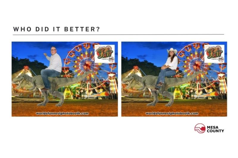 Mesa County Fairgrounds presentation 2024 slide 10. White background with black text and two photo booth photos. 