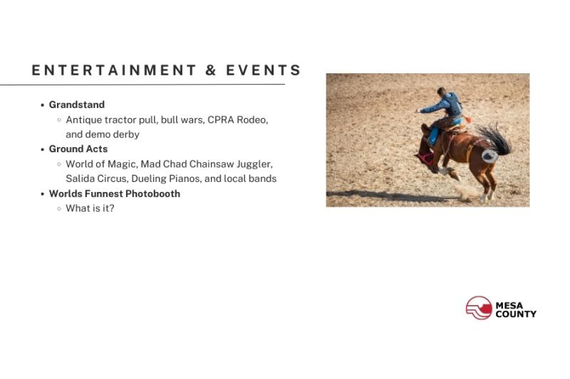 Mesa County Fairgrounds presentation 2024 slide 9. White background with black text and photo of person riding horse. 