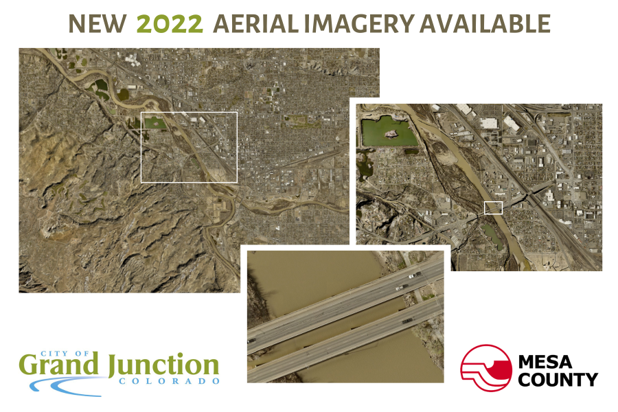 Graphic for New 2022 Aerial Imagery Available with aerial photograph collage of areas around the Grand Valley, City of Grand Junction logo, Mesa County logo