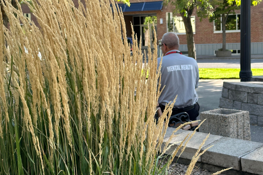 View of the back of a man's back wearing grey shirt that says "mental health".