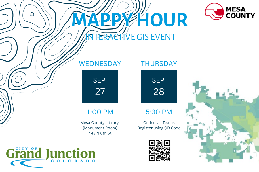 Promotion for Mappy Hour, GIS event held on September 27 and 28, 2023