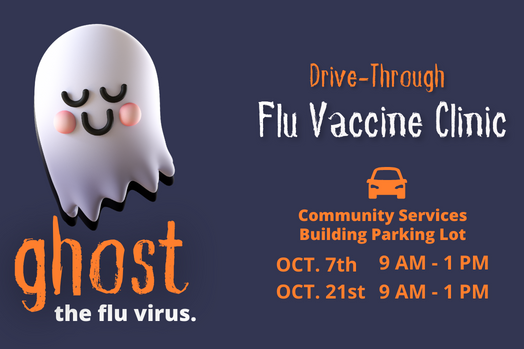 Cartoon image of a ghost and information for a drive-through flu vaccine clinic.