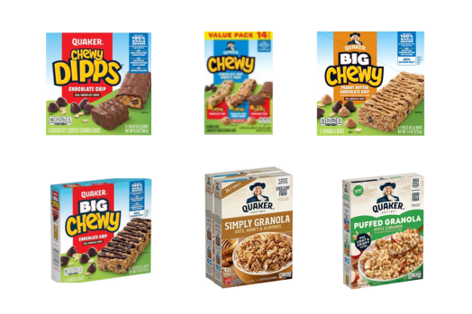 boxes of various Quaker granola bars and granola cereals