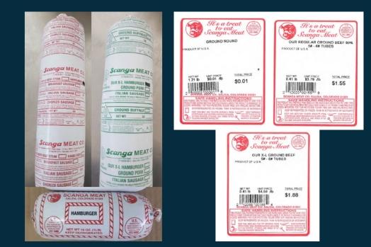 Images of packaged Scanga Meat, regular ground meat, X-L ground beef, and Scanga meat hamburger.