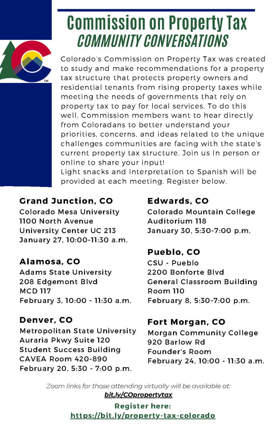 A flyer for the community conversation hosted by Colorado's Commission on Property Tax on Saturday, Jan. 27, from 10 to 11:30 a.m., at Colorado Mesa University, University Center UC 213, 1100 North Avenue.