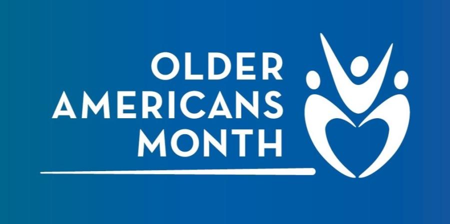Older Americans Month logo with white symbol graphic
